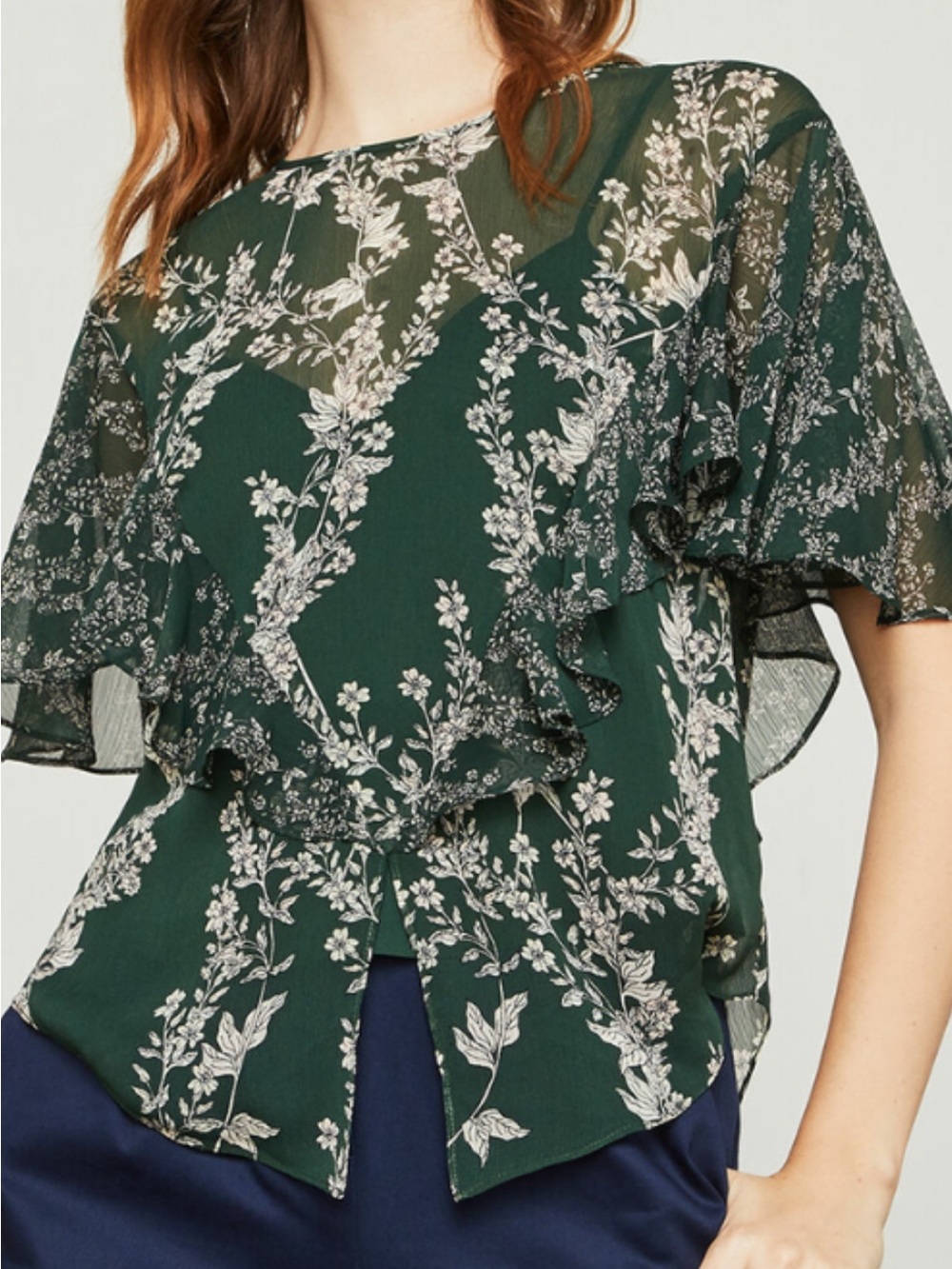 BCBG Maxazria Green Floral Ruffle Blouse